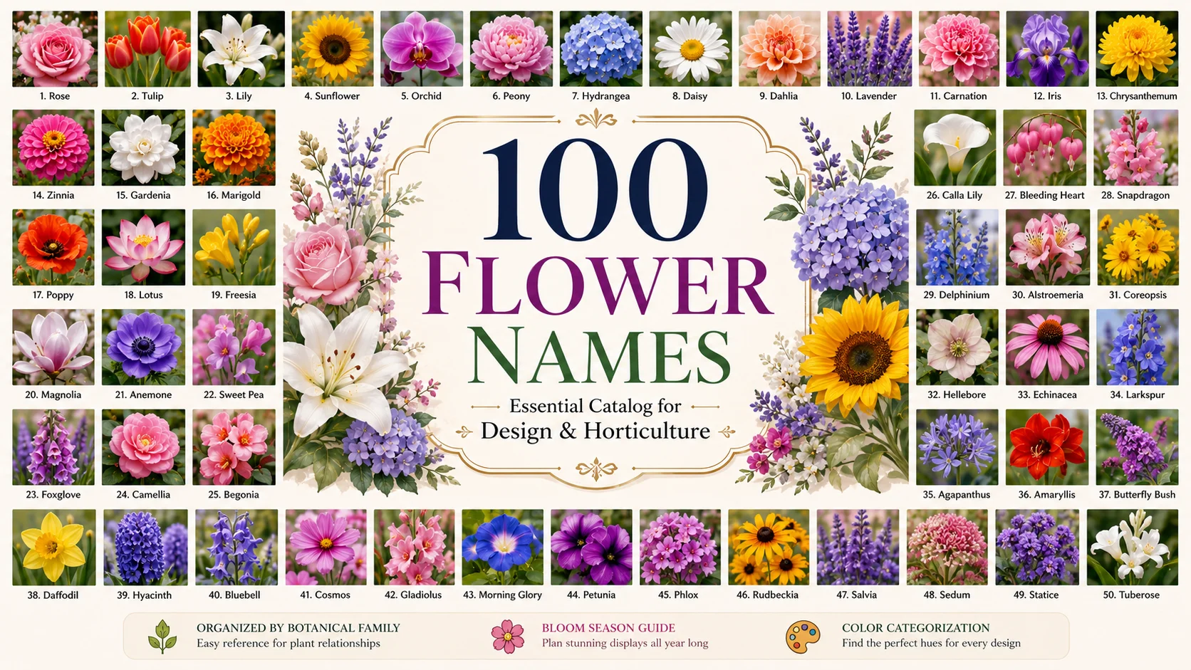 100 Flower Names Essential Catalog for Design & Horticulture