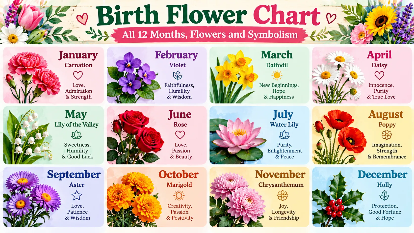Birth Flower Chart: All 12 Months, Flowers and Symbolism